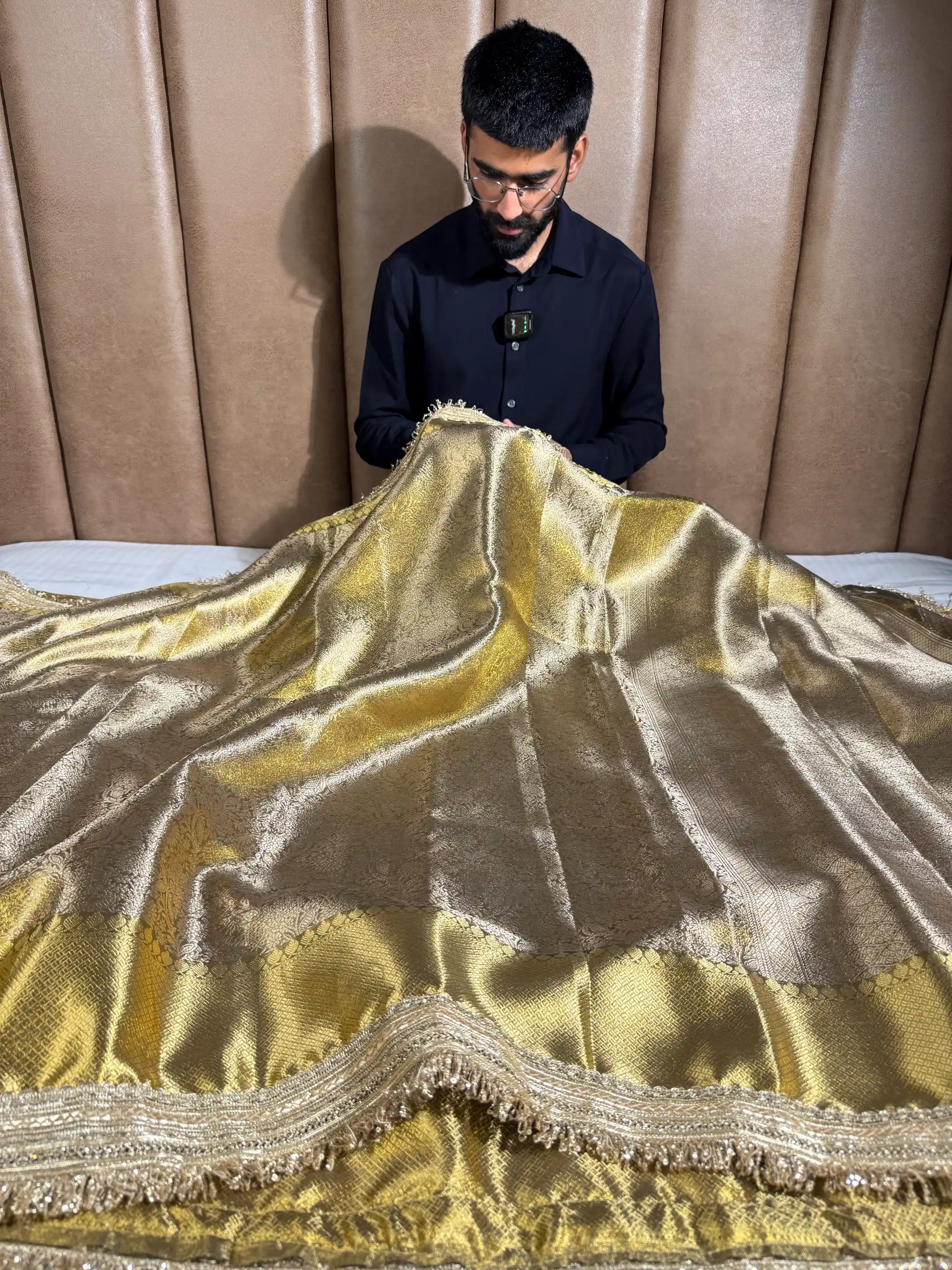 Copper Shade Kanjivaram Tissue Silk Lace Work Saree