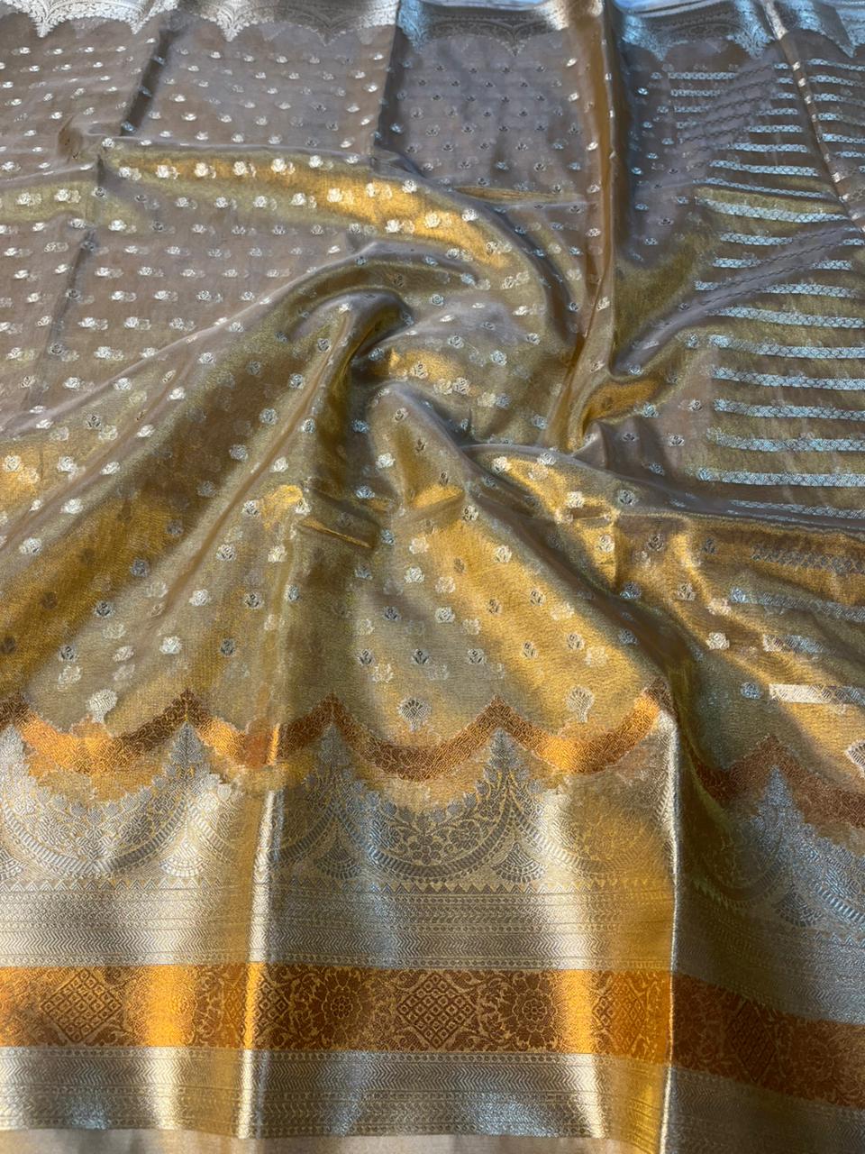 Copper Tissue Silk Buti Work Banarasi Saree - Image 2