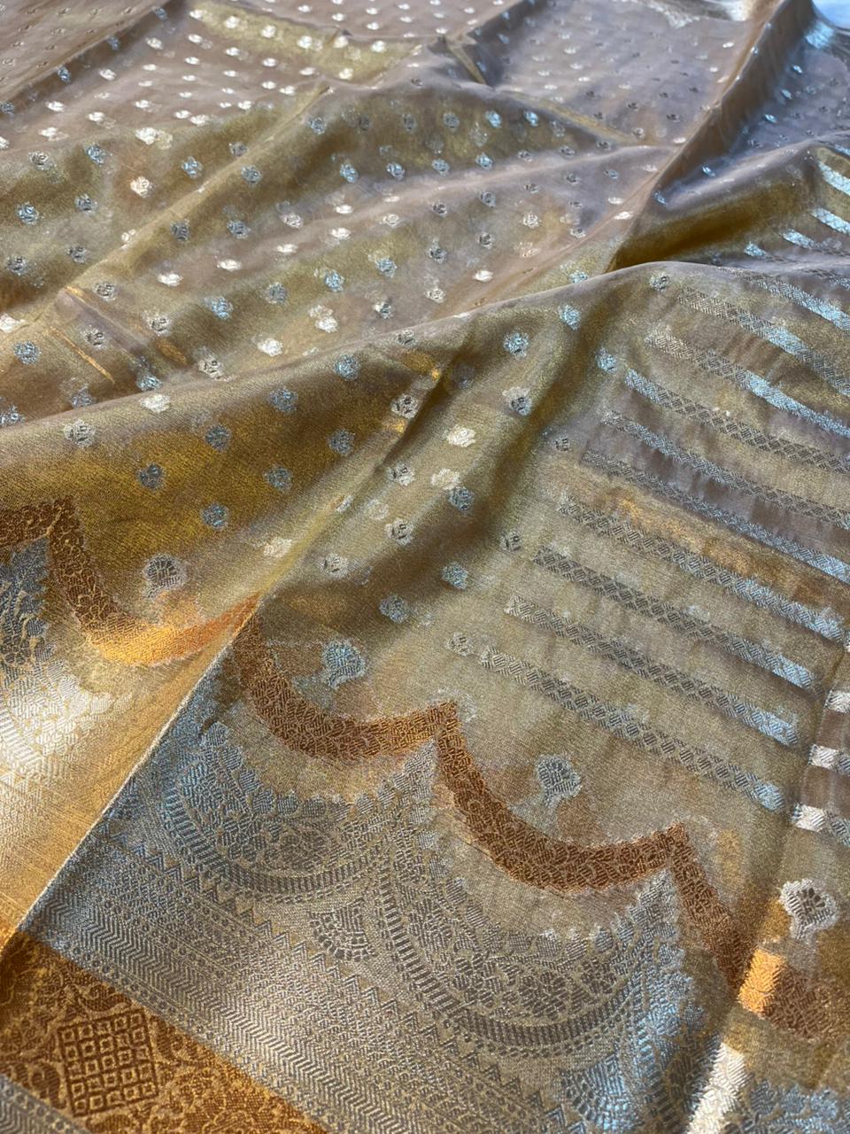 Copper Tissue Silk Buti Work Banarasi Saree - Image 3