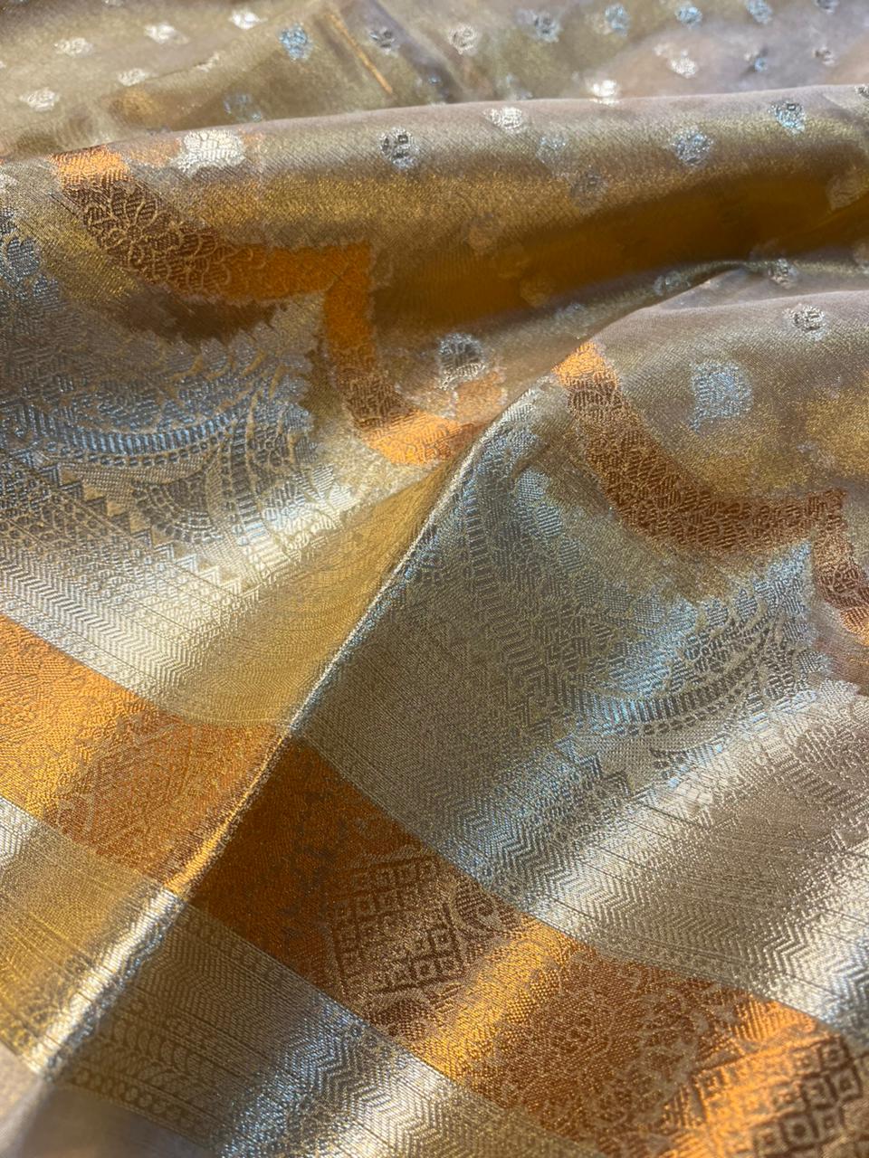 Copper Tissue Silk Buti Work Banarasi Saree - Image 4