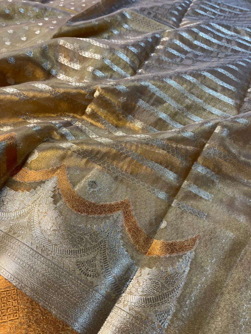 Copper Tissue Silk Buti Work Banarasi Saree - Image 5