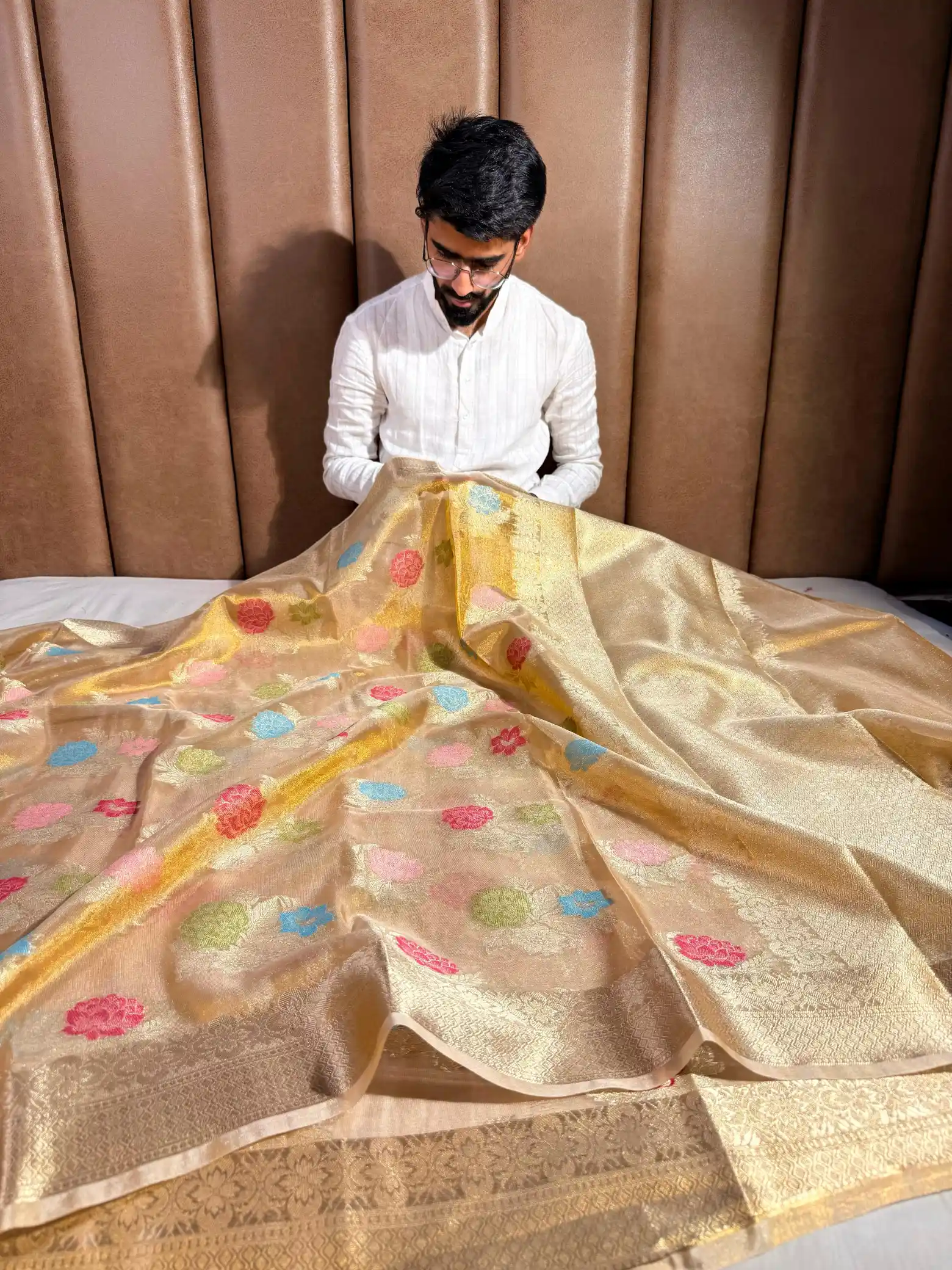 Rose Buta in Multicoloured Floral Weave Copper Tissue Silk Banarasi Saree