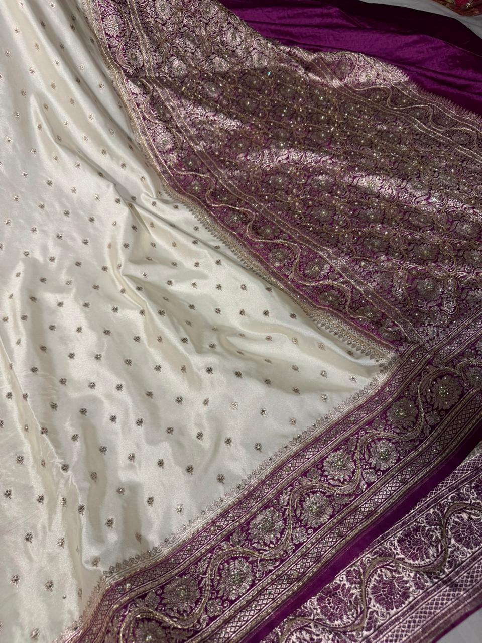Cream - Majenta Mashru Katan Silk Zardosi Handwork Saree - Image 2