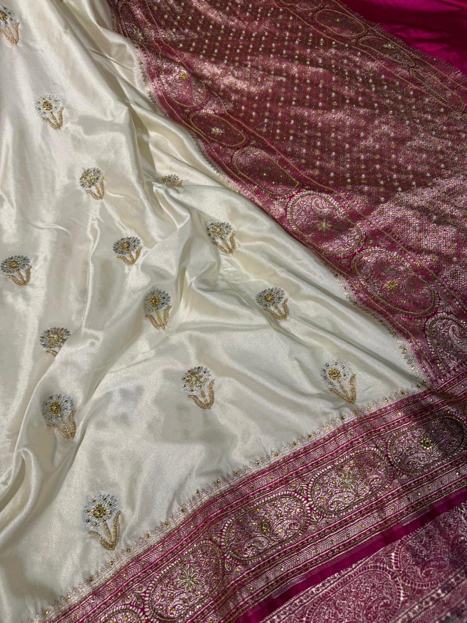 Cream Rani Mashru Katan Silk Premium Handwork Saree - Image 2