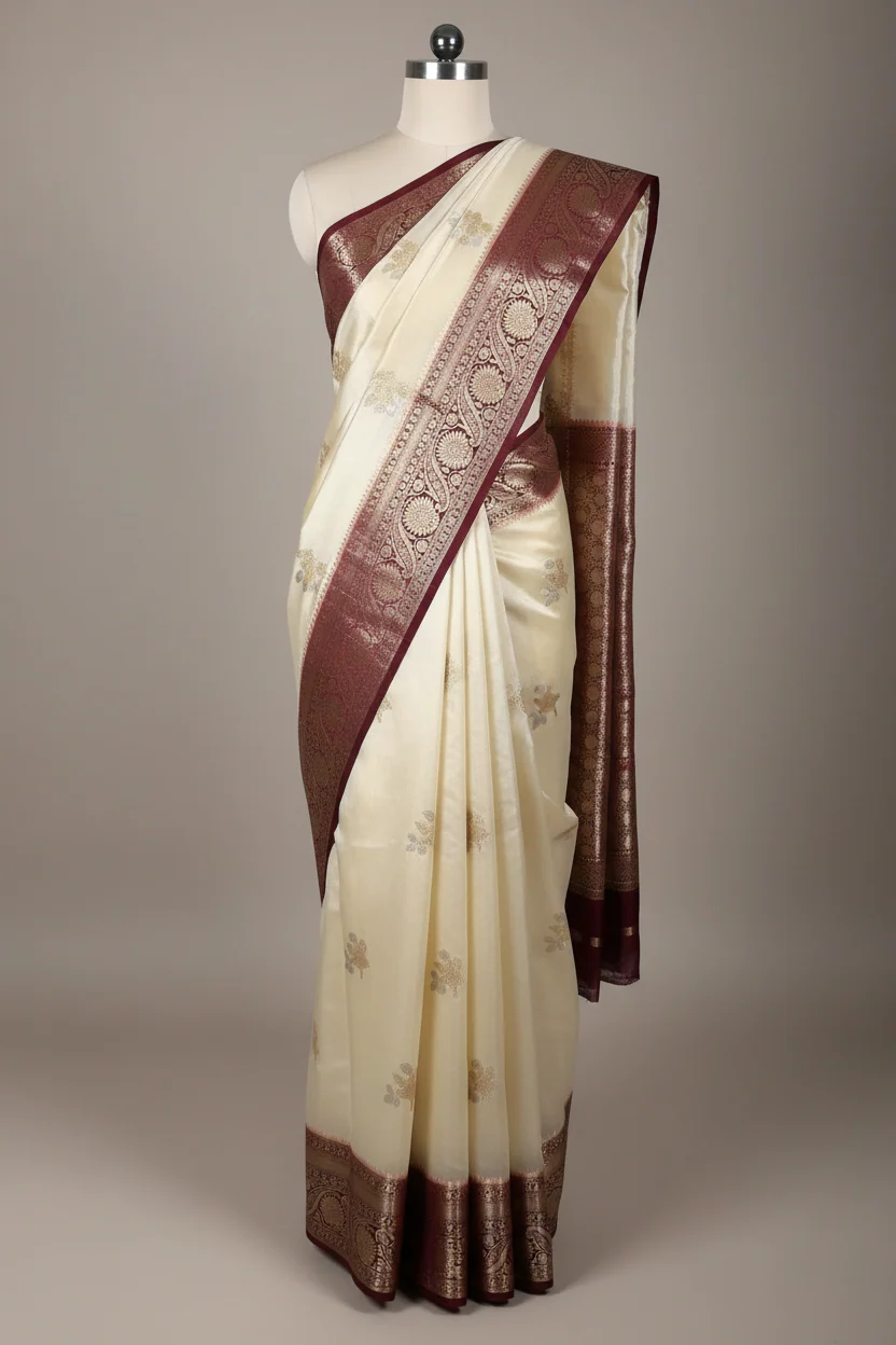 Cream Wine Mango Katan Silk Traditional Banarasi Saree - Image 2