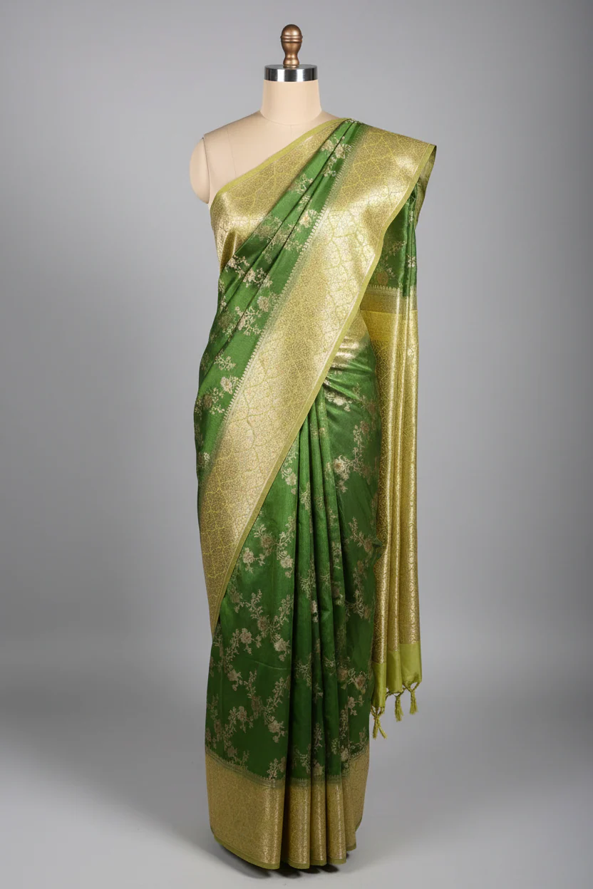 Dark Green Raw Dupion Silk Banarasi Saree - Image 2