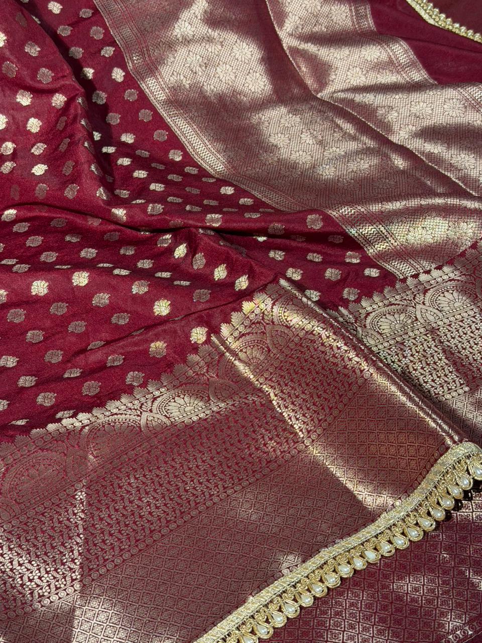 Dark Maroon Chinia Silk Lace Work Banarasi Saree - Image 3