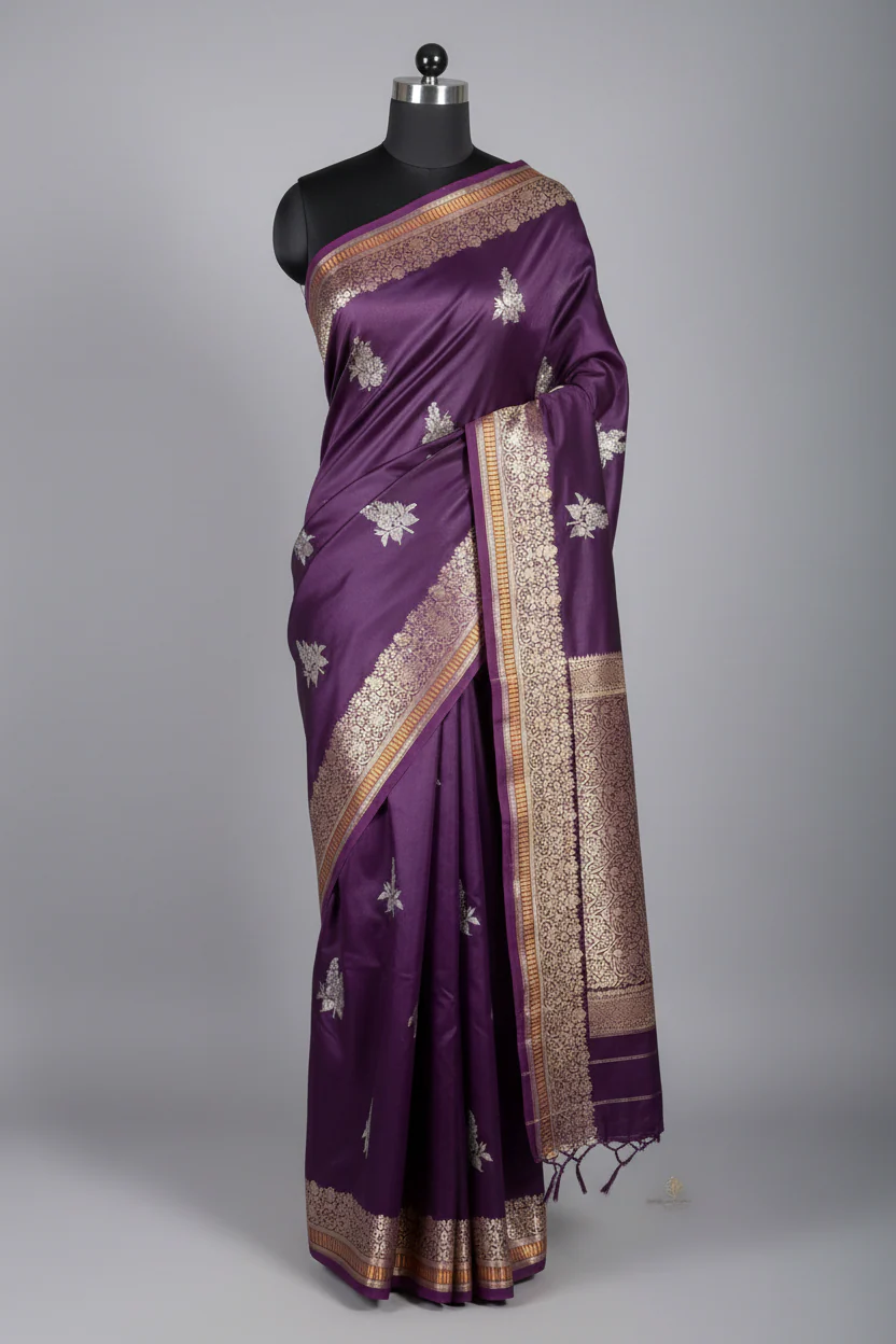 Deep Purple Raw Dupion Silk Traditional Banarasi Saree - Image 2