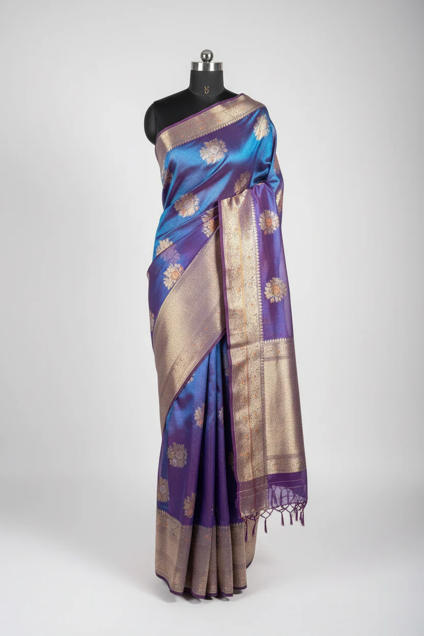 Dhoop Chaon Blue Premium Tissue Silk Designer Saree - Image 2