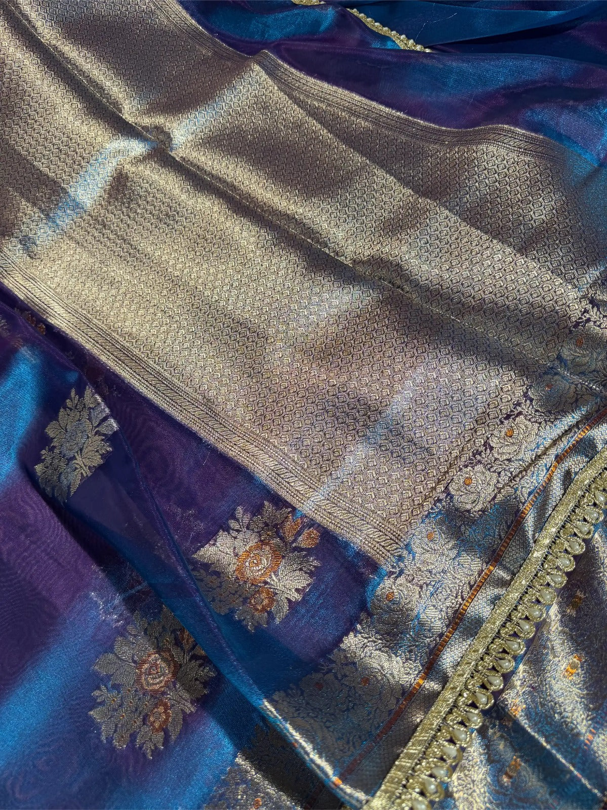 Dhoop Chaon Blue Premium Tissue Silk Designer Saree - Image 3