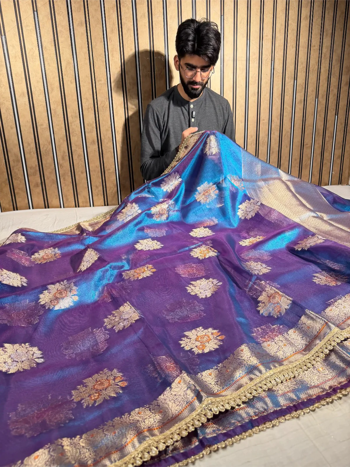 Dhoop Chaon Blue Premium Tissue Silk Designer Saree - Image 4