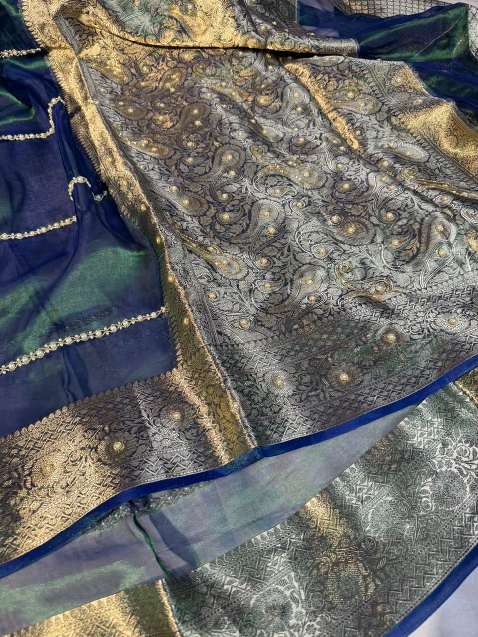 Dhoop Chaon Peacock Pure Tissue Handwork Saree - Image 3