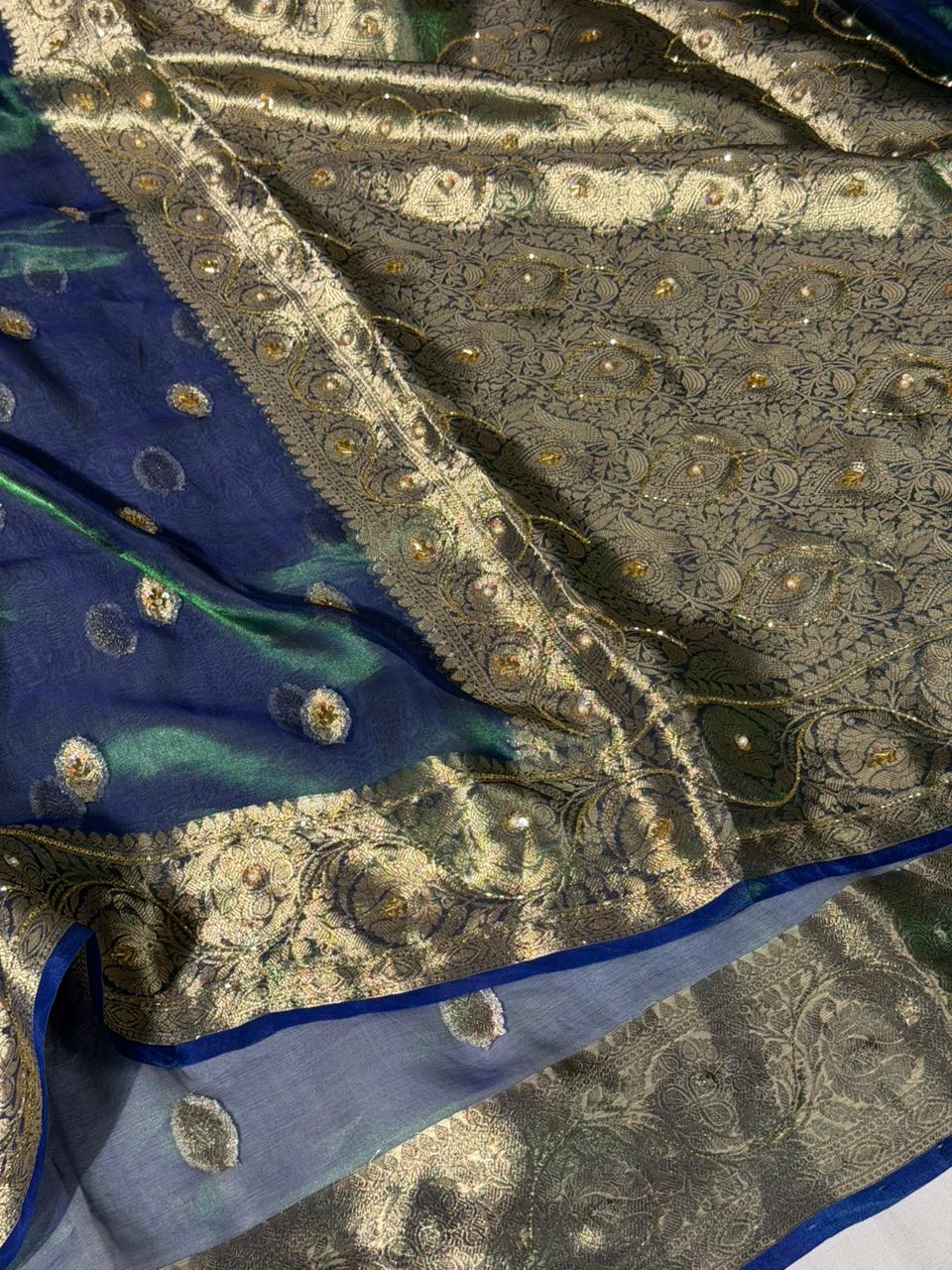 Dhoop Chaon Peacock Pure Tissue Silk Handwork Saree - Image 2