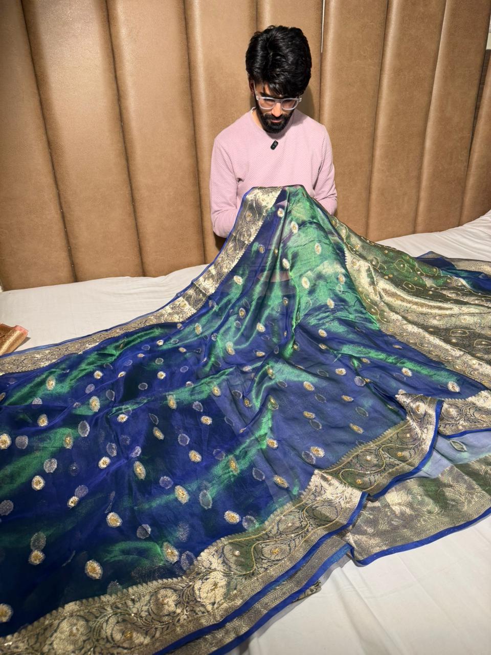 Dhoop Chaon Peacock Pure Tissue Silk Handwork Saree - Image 3