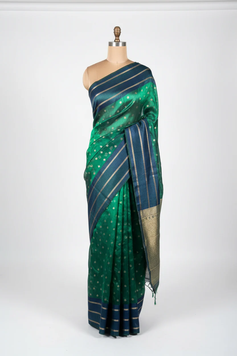 Dual Shaded Green Soft Tissue Silk Traditional Banarasi Saree - Image 2