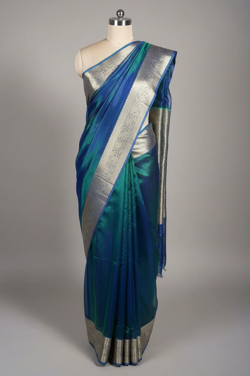 Dual Shaded Sapphire Pure Tissue Silk Banarasi Saree - Image 2