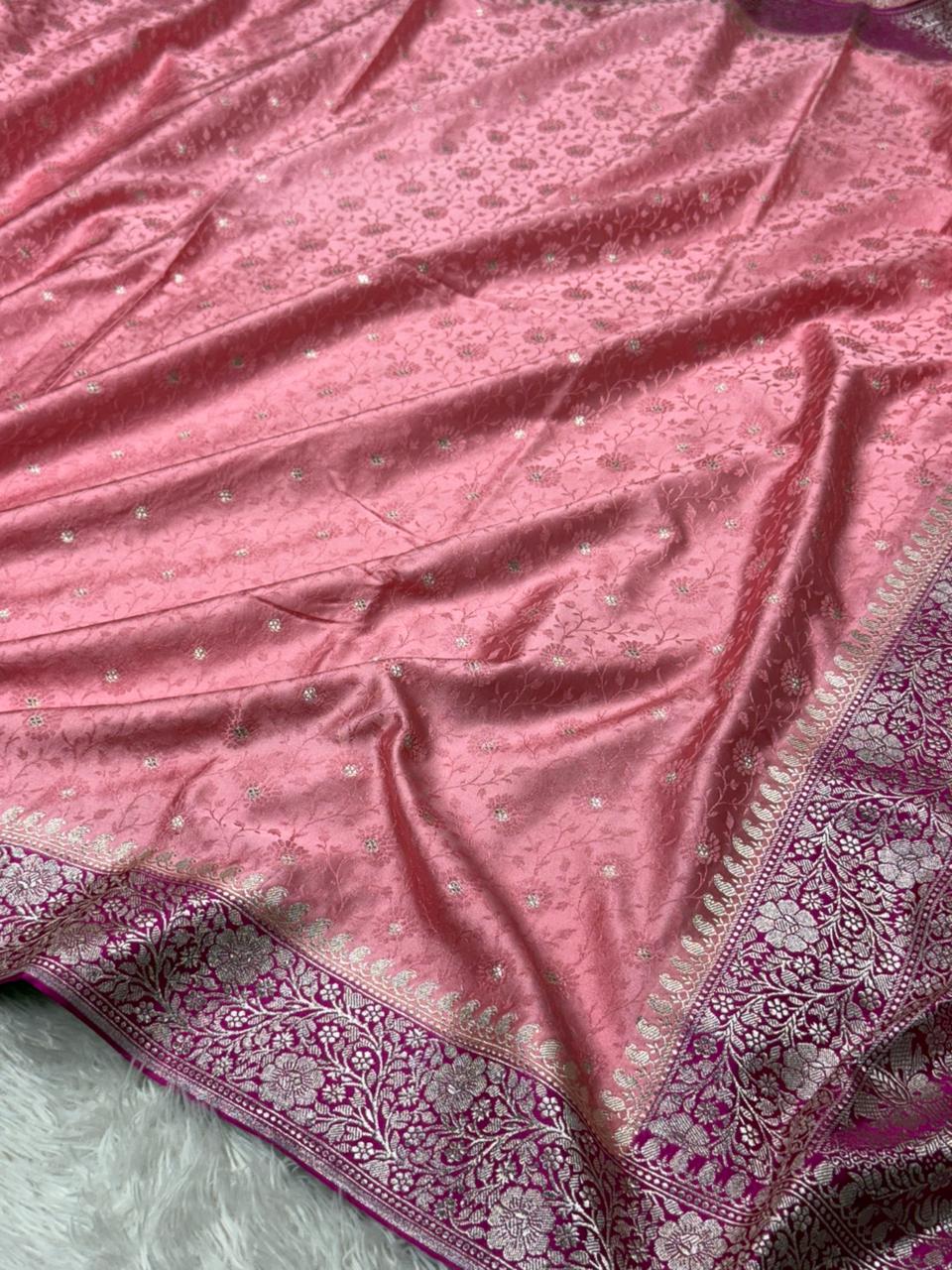 Embossed Meenakari Mashru Katan silk Banarasi saree - Image 2