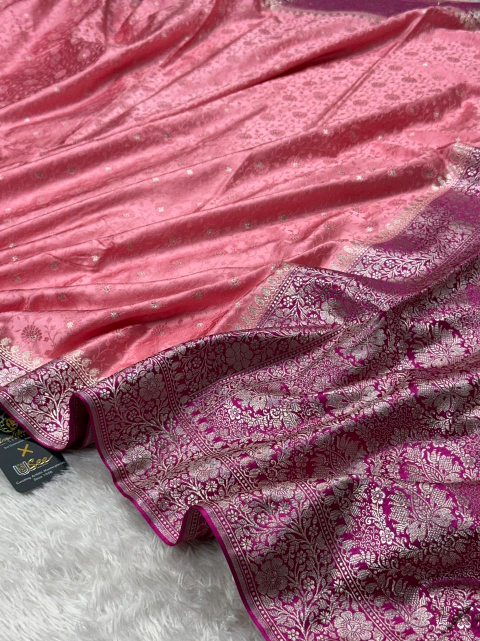 Embossed Meenakari Mashru Katan silk Banarasi saree - Image 3