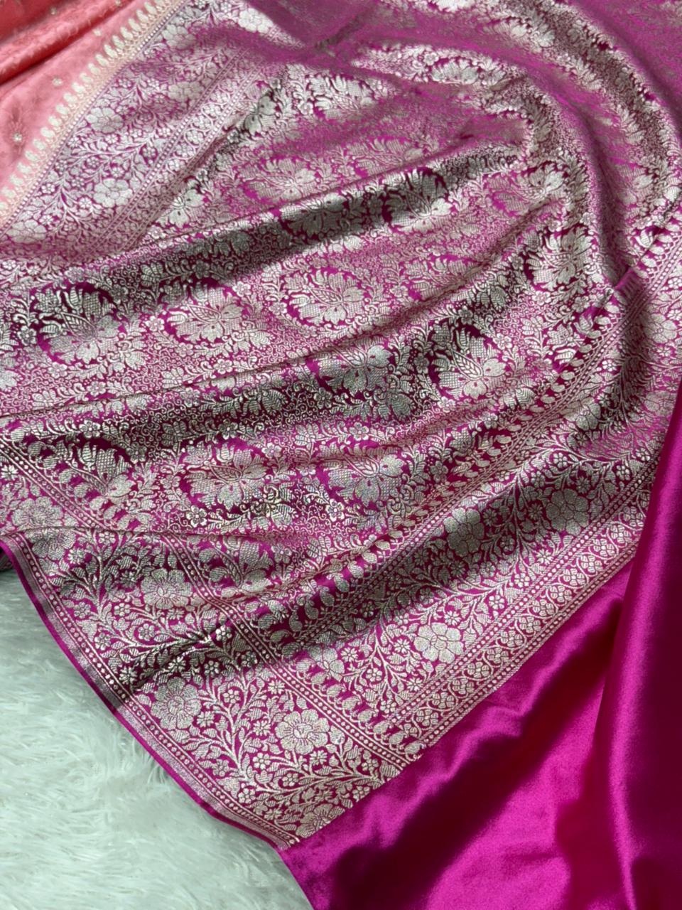 Embossed Meenakari Mashru Katan silk Banarasi saree - Image 4