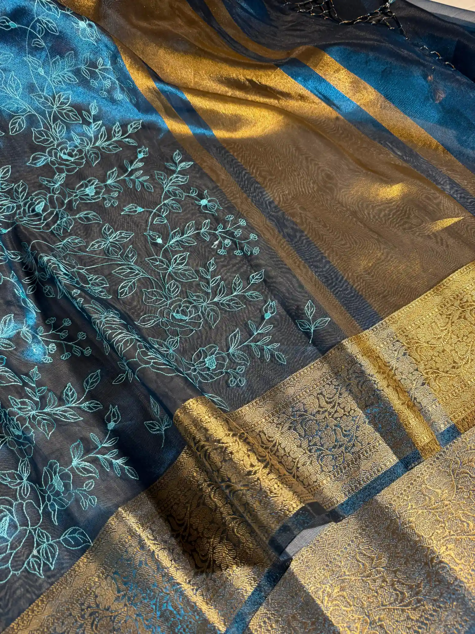 Emerald Blue Chikankari Embroidered Tissue Silk Banarasi Saree - Image 2