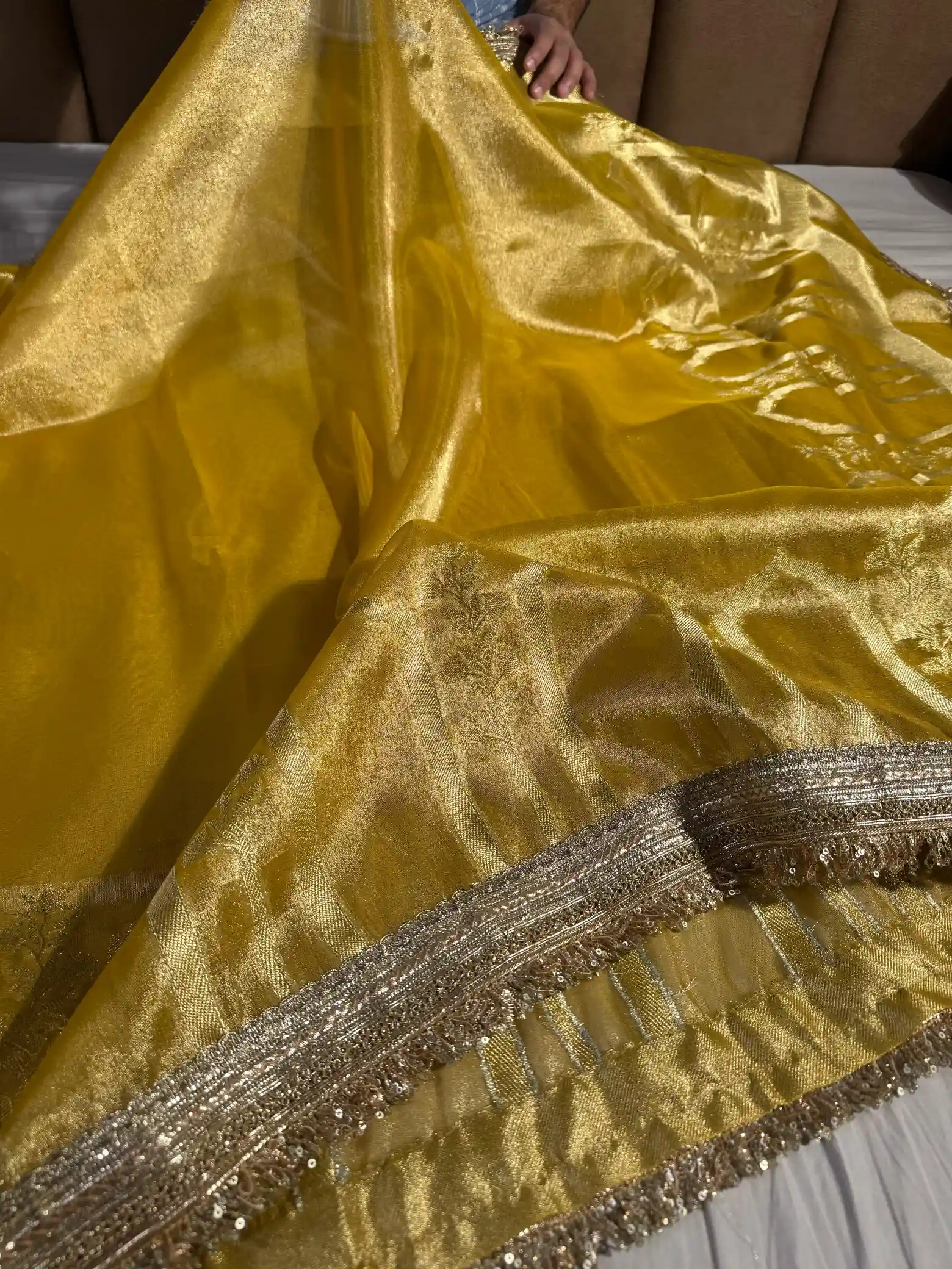 Excusite Yellow Tissue Silk Saree with Heeramandi Lace - Image 2
