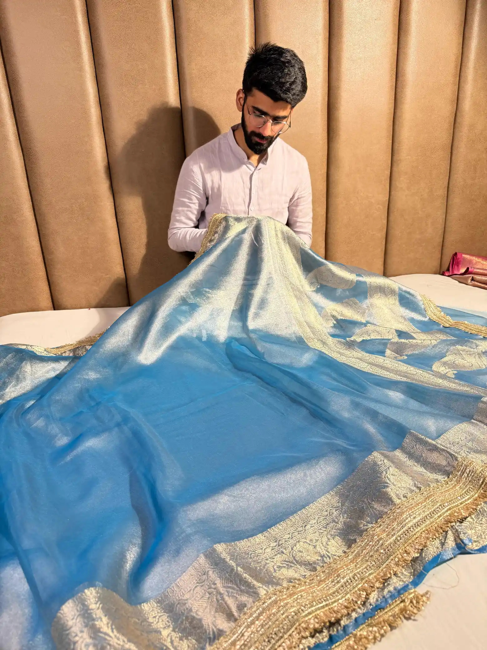 Eye Catching Sea Blue Tissue Silk Lace Work Banarasi Saree - Image 3