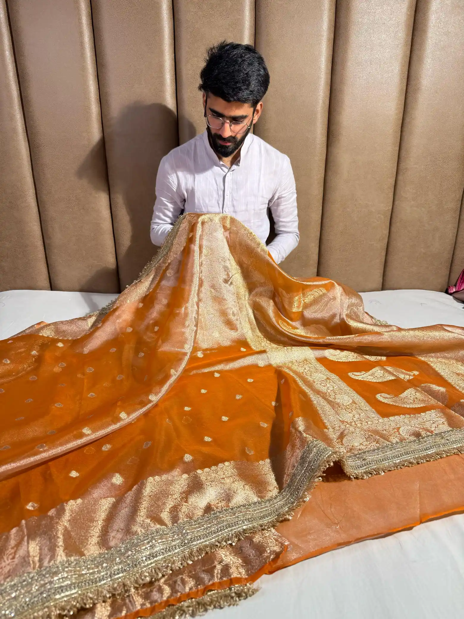 Eye Soothing Orange Tissue Silk Lace Attached Banarasi Saree