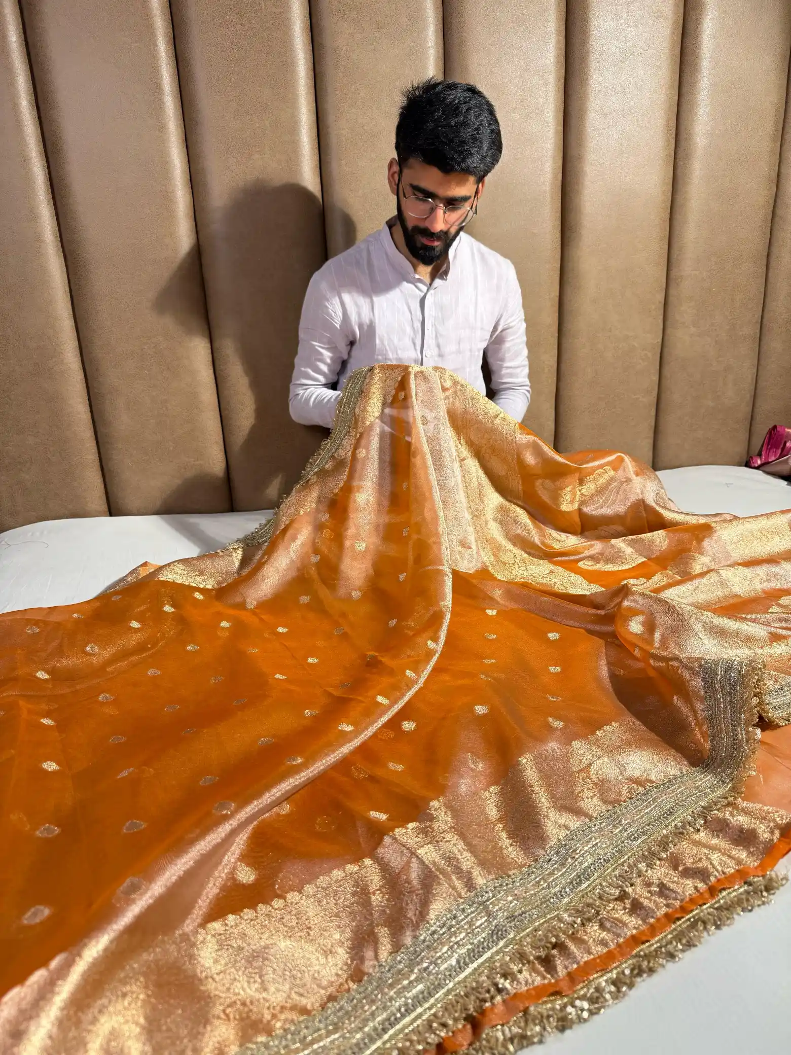 Eye Soothing Orange Tissue Silk Lace Attached Banarasi Saree - Image 3