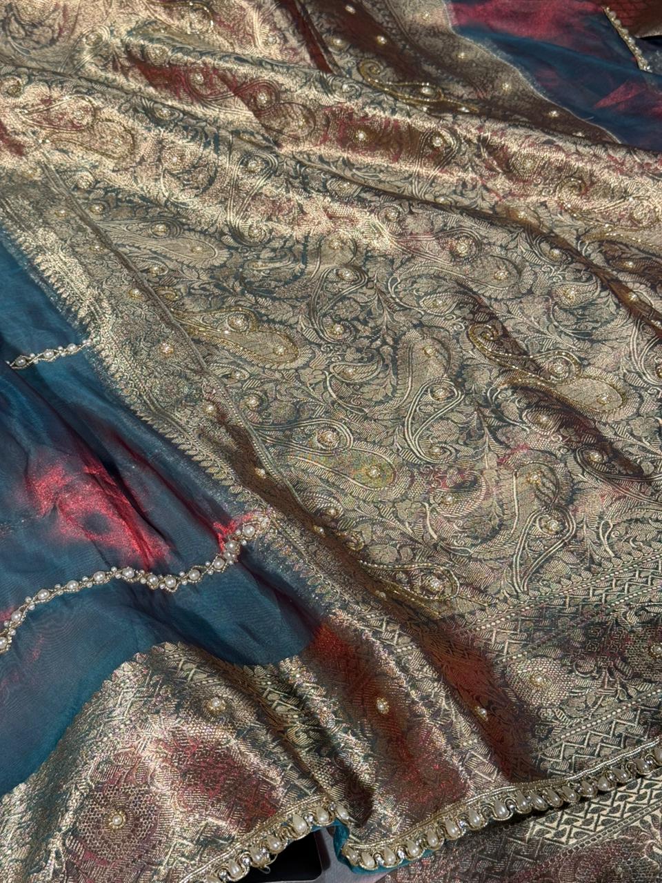 German Blue Pure Tissue Pearl Handwork Saree - Image 2