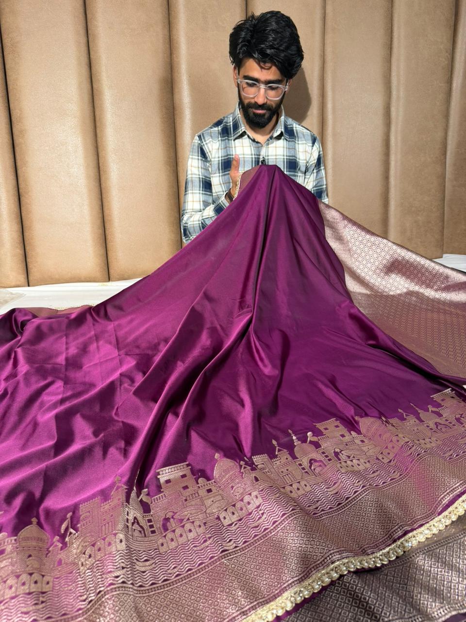 Glary Purple Mashru Katan Ghats Of Banaras Saree - Image 4