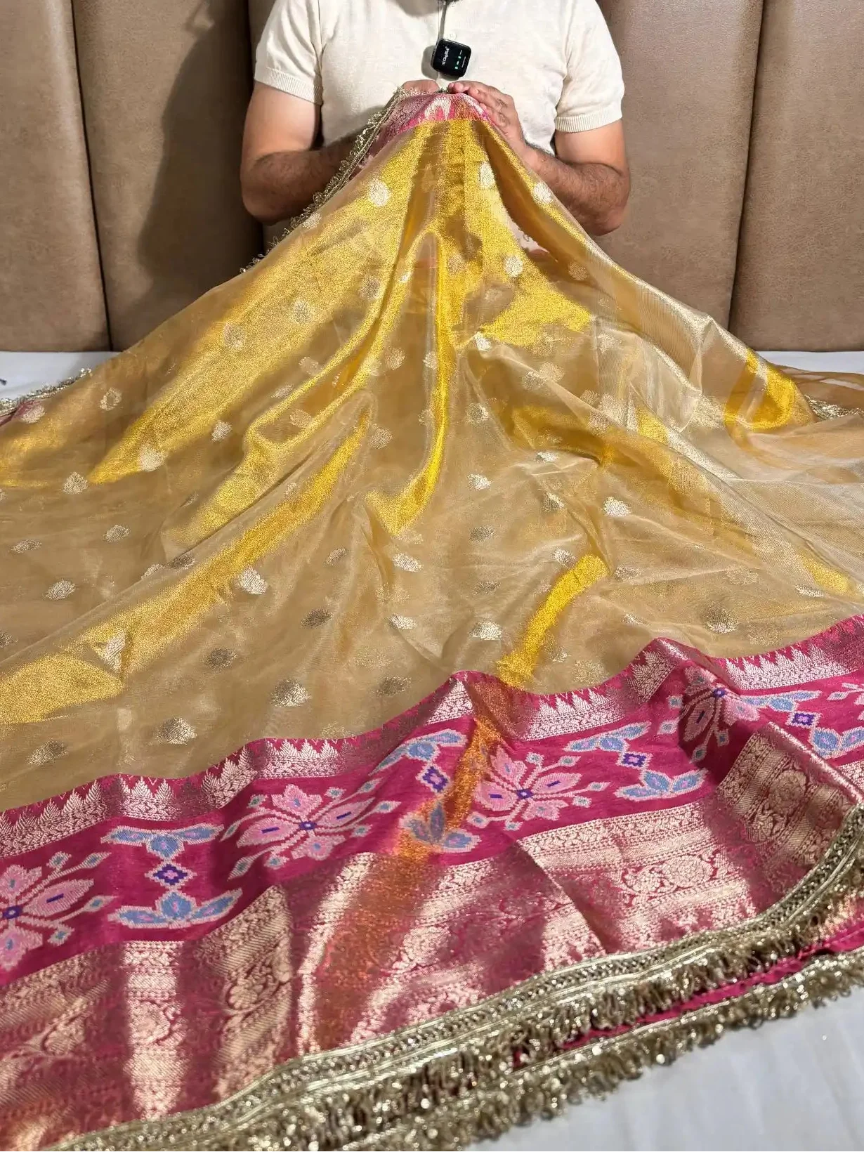 Golden Copper Tissue Silk Buta & Lace Work Banarasi Saree