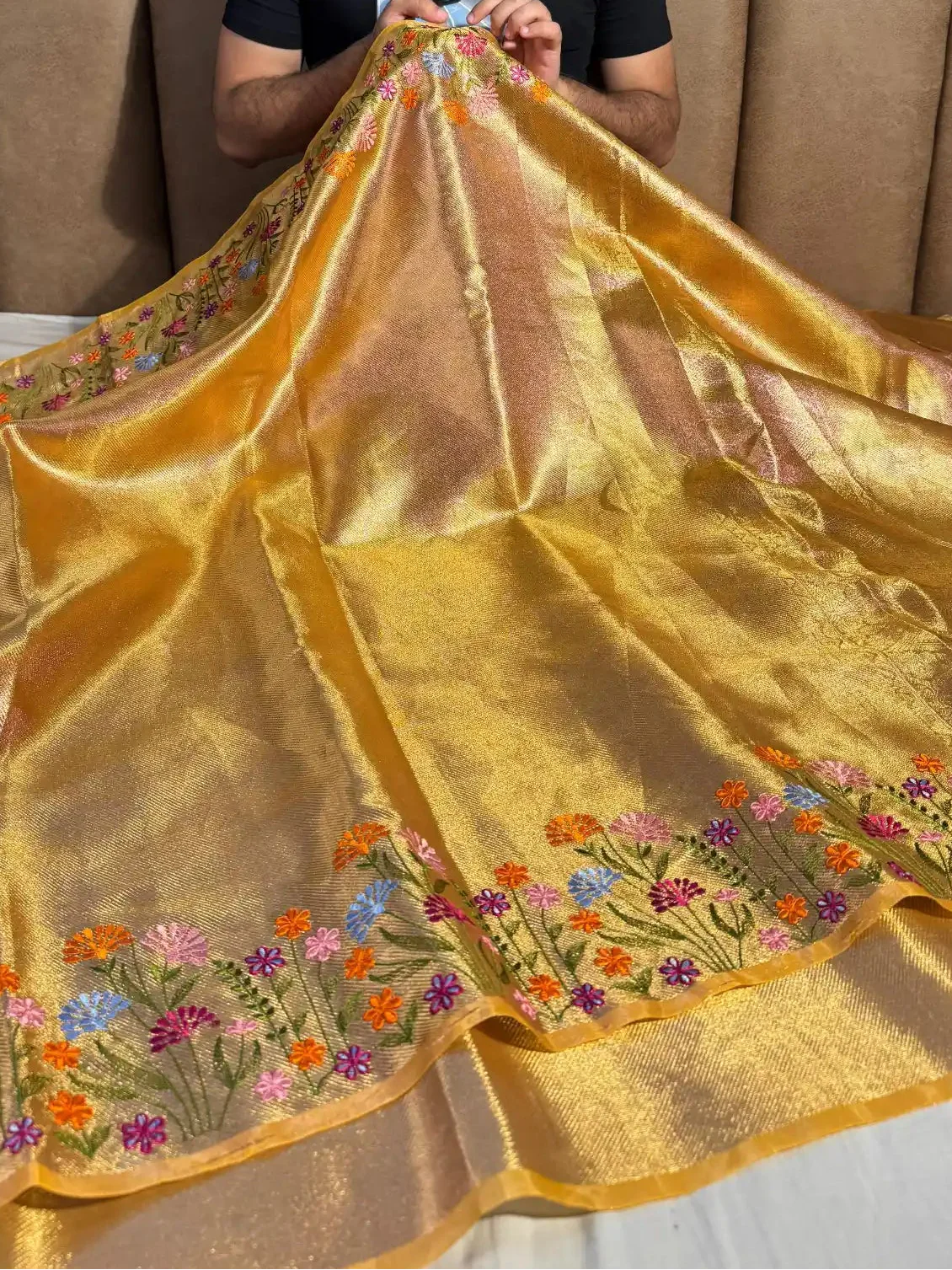 Golden Designer Tissue Silk Chikankari Work Banarasi Saree