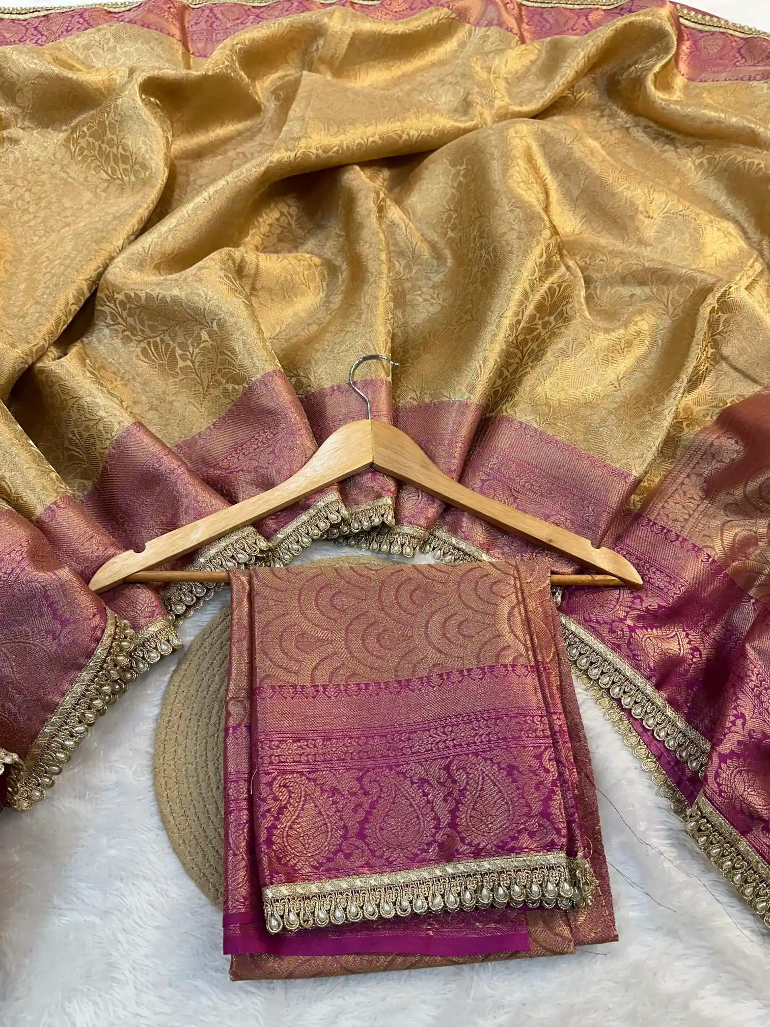 Golden Embossed Tissue Silk Traditional Lace Work Banarasi Saree