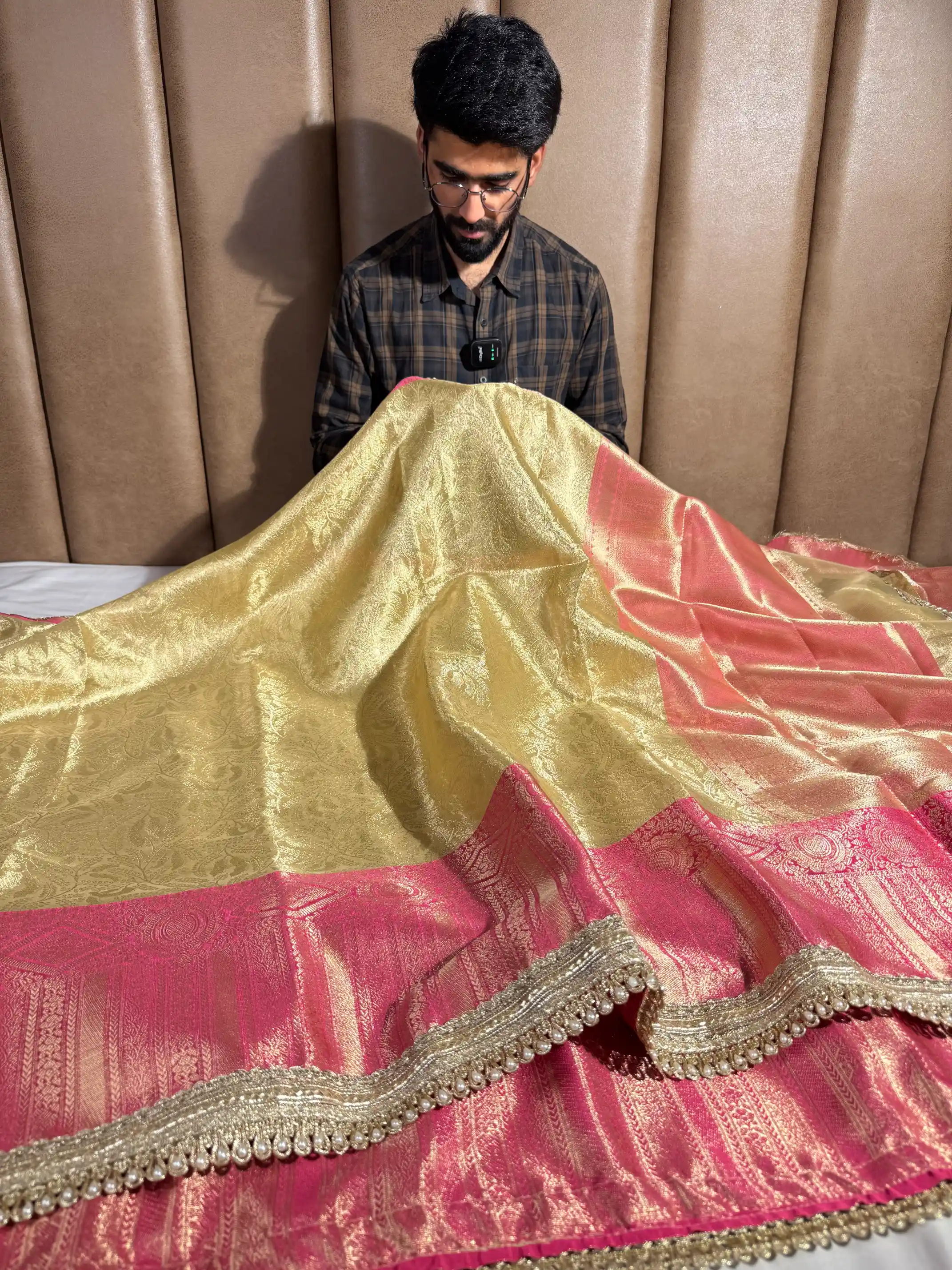 Golden Embossed Tissue Silk Lace Work Banarasi Saree