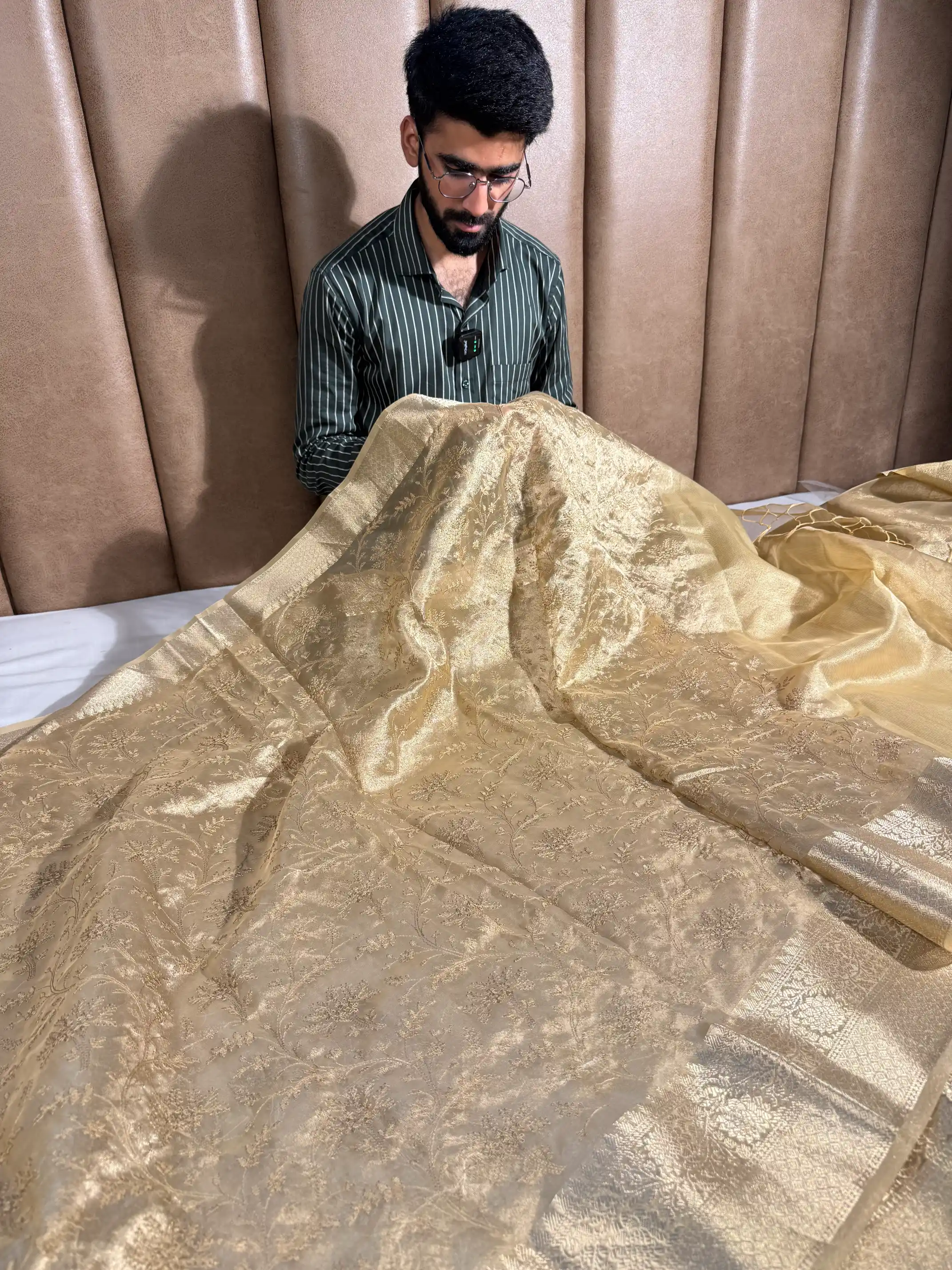 Golden Tissue Silk Traditional Chikankari Work Banarasi Saree - Image 3