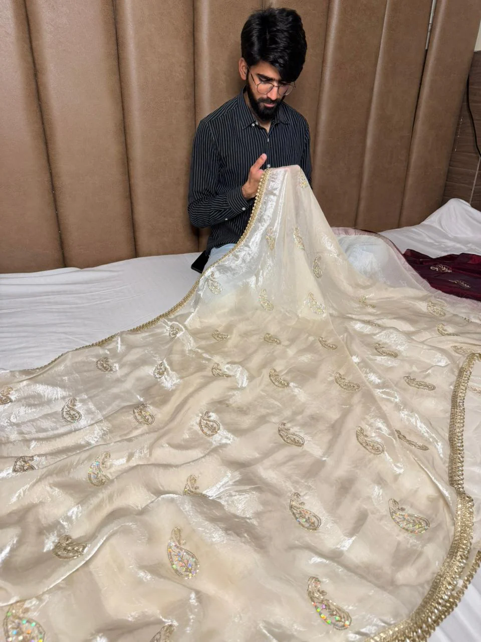 Ivory Cream Shade Shimmery Tissue Silk Handwork Saree - Image 3