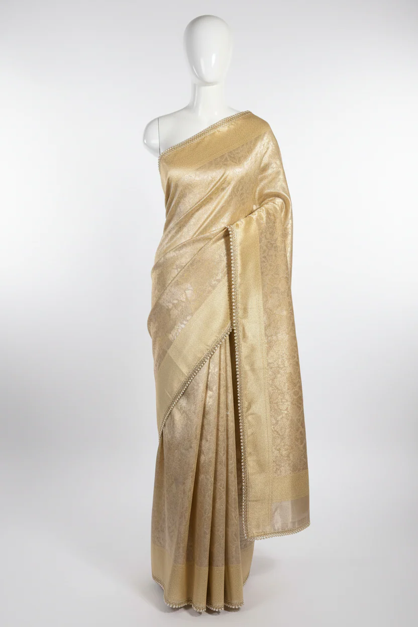 Ivory Embossed Soft Tissue Silk Designer Banarasi Saree - Image 2