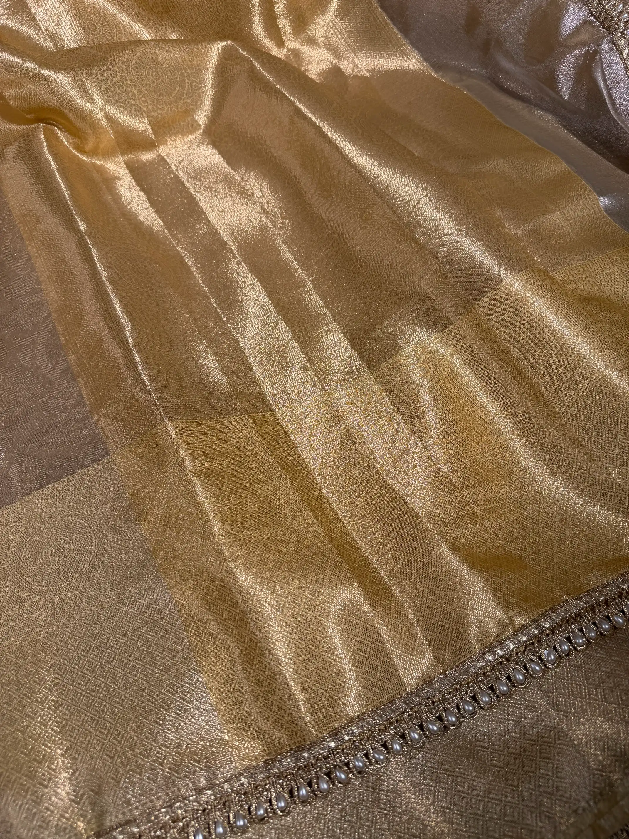 Ivory Embossed Soft Tissue Silk Designer Banarasi Saree - Image 3