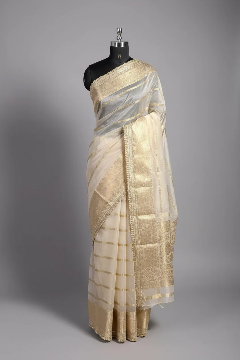 Ivory Kora Organza Silk Designer Lace Work Banarasi Saree - Image 2