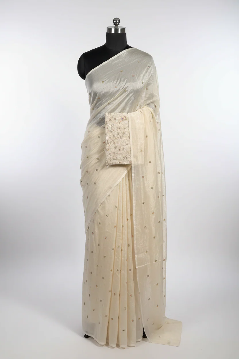 Ivory White Shimmery Tissue Designer Embroidered Saree - Image 2