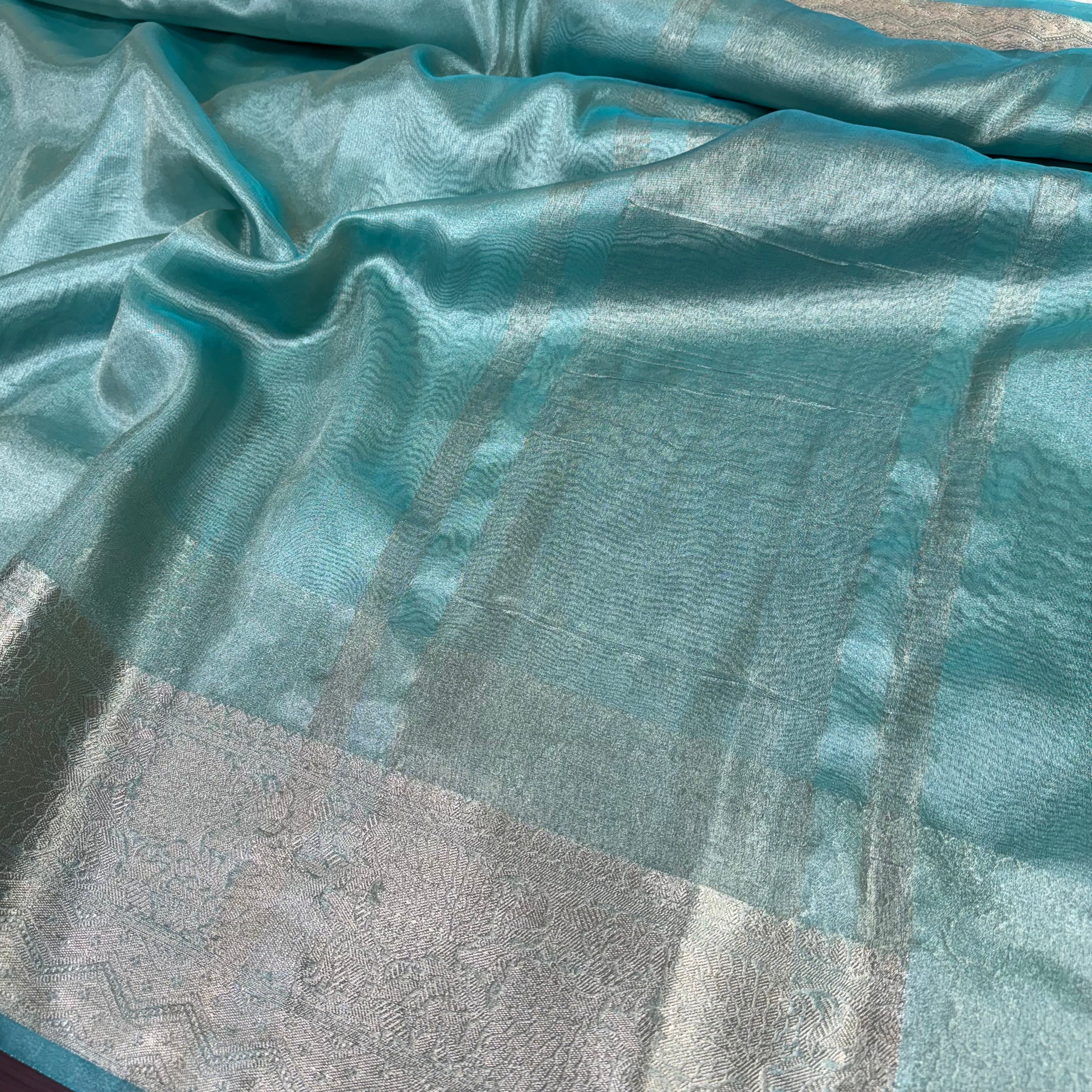 Jahnvi Kapoor Inspired Sea Green Colour Tissue Silk Saree - Image 2