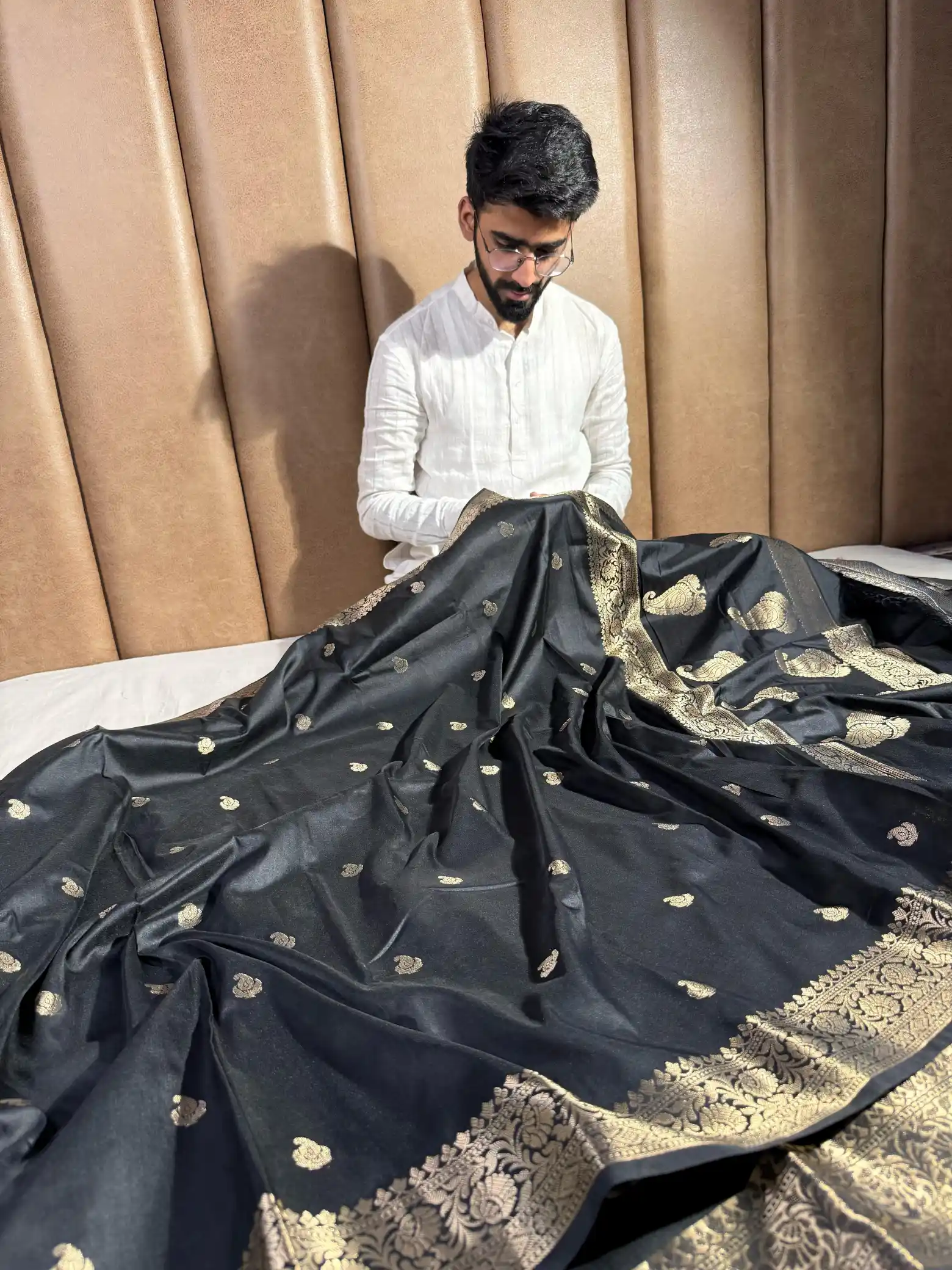 Jet Black Semi Katan Silk Banarasi Saree - Image 3