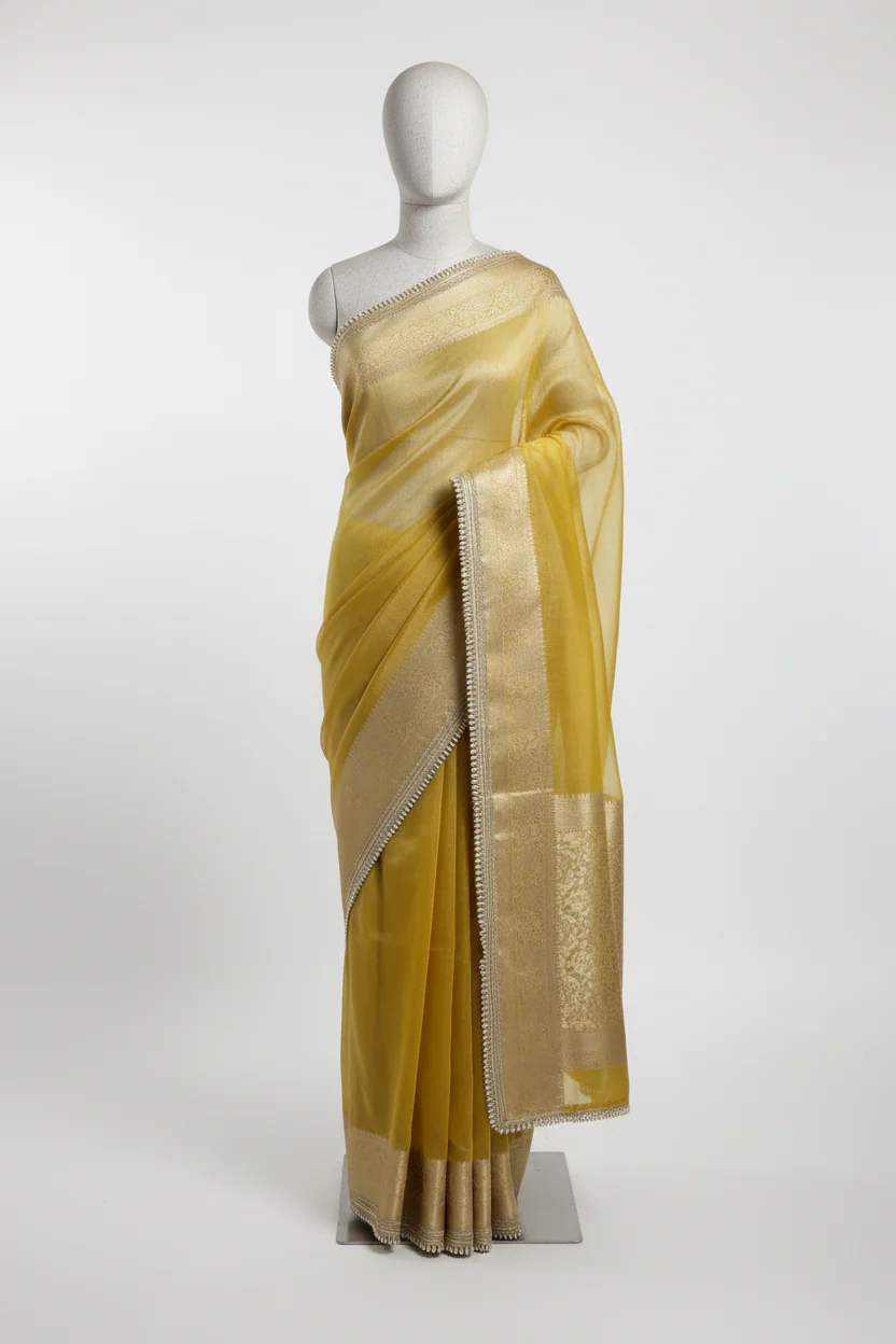 Janhvi Kapoor Inspired Tissue Silk Designer Lace Work Banarasi Saree - Image 2