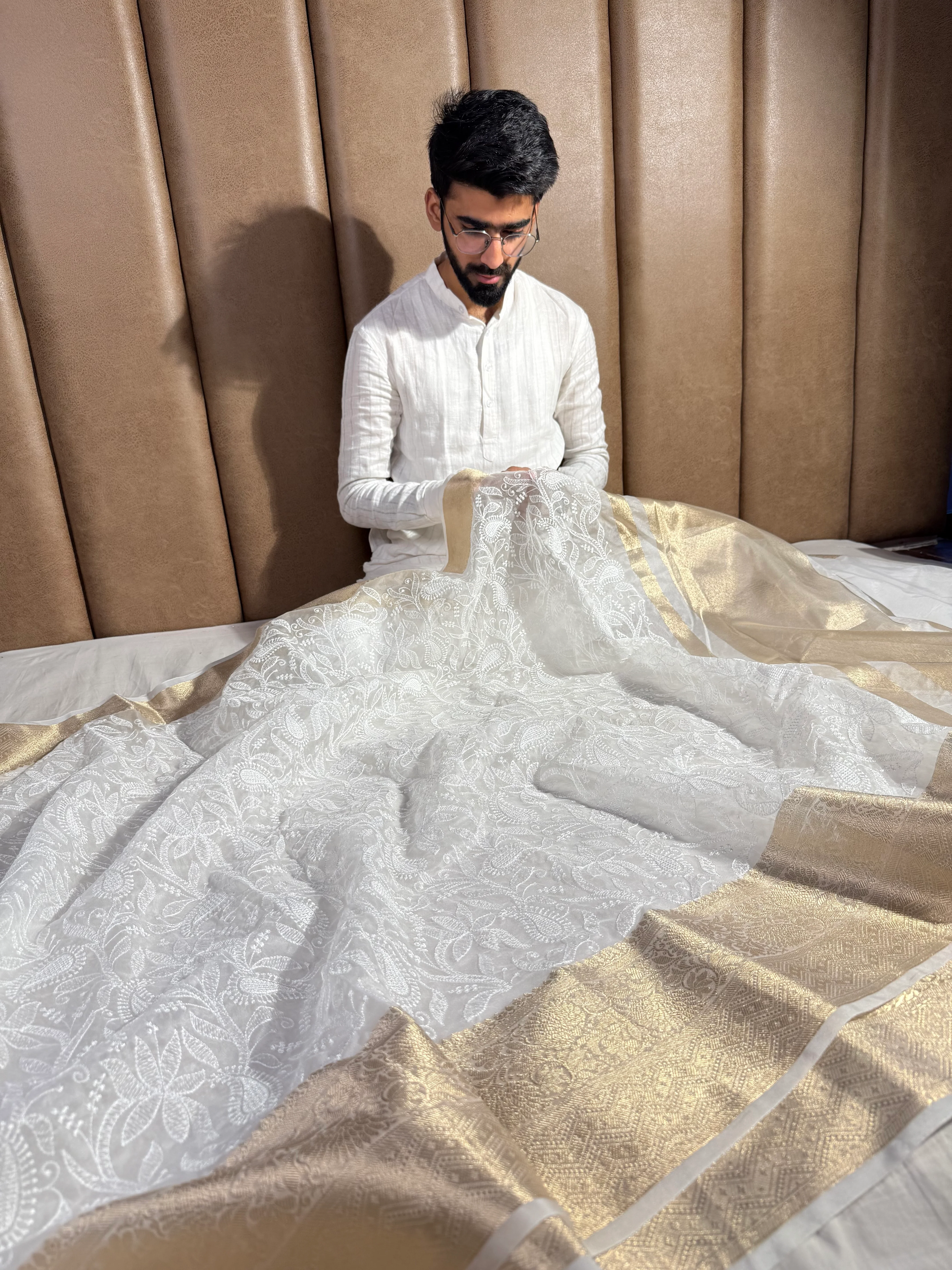 White Kora Organza Silk Chikankari Saree - Image 3
