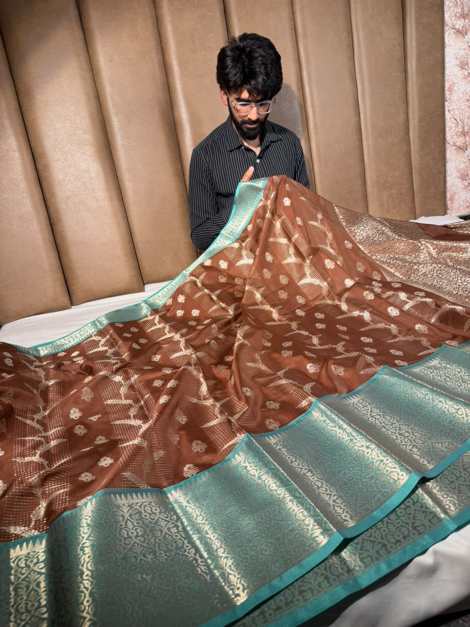 Light Brown Embossed Weave Soft Banarasi Silk Saree - Image 3