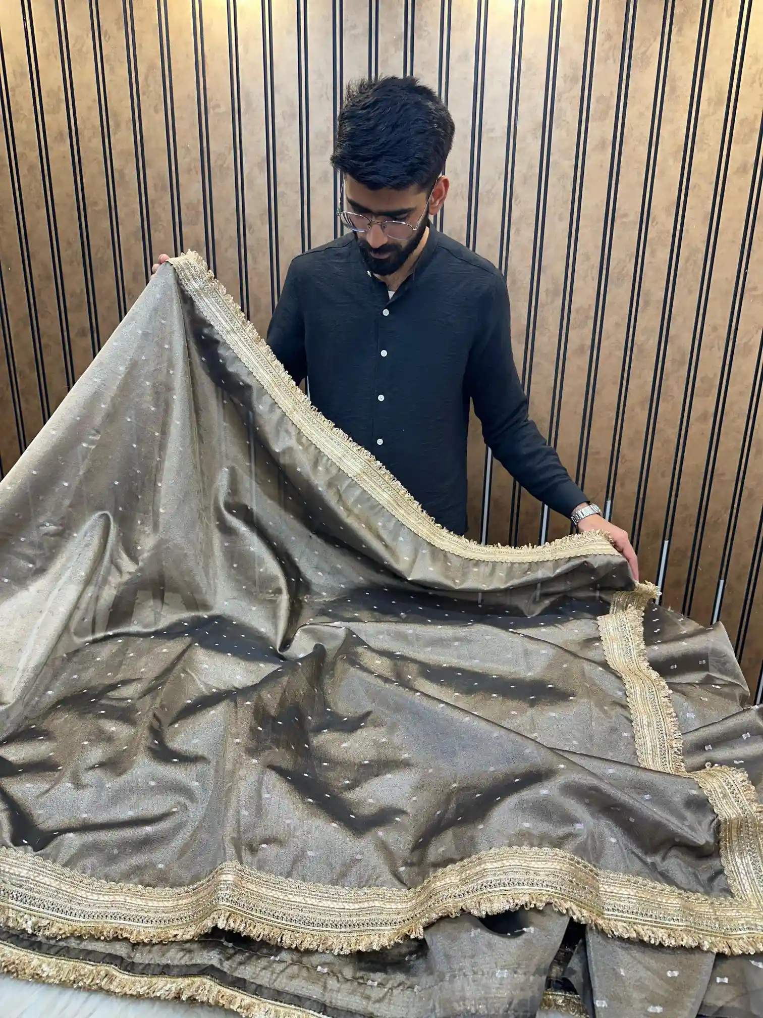 Light Brown Tissue Silk Zari Buti Gota Lace Work Banarasi Saree - Image 2