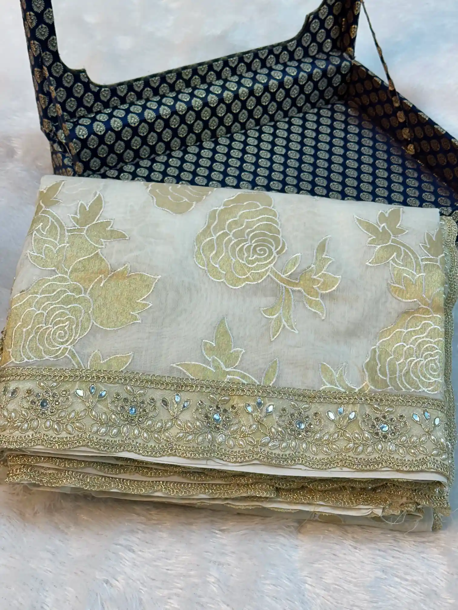 Light Ivory Pure Mul Chanderi Silk Hand Pasted Cutwork Zari Buta Saree