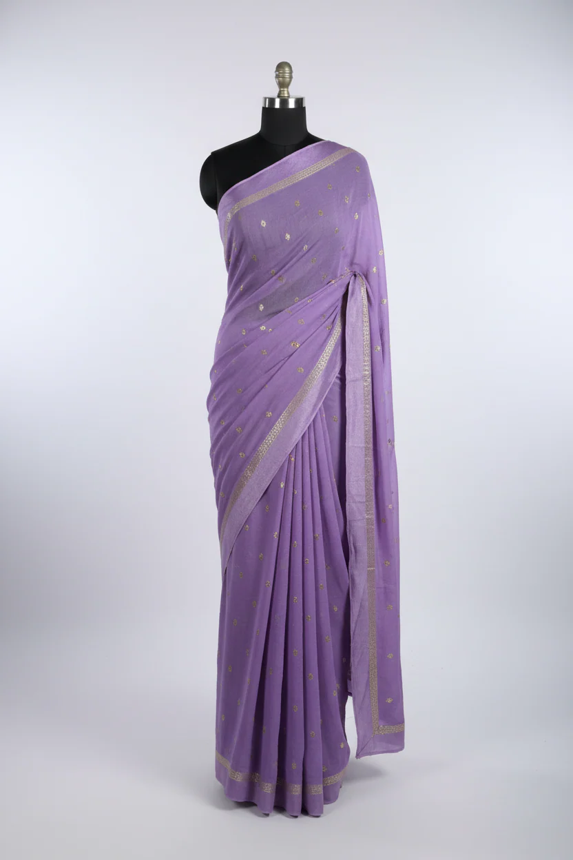 Light Lavender Soft Viscose Georgette Embroidered Saree - Image 2