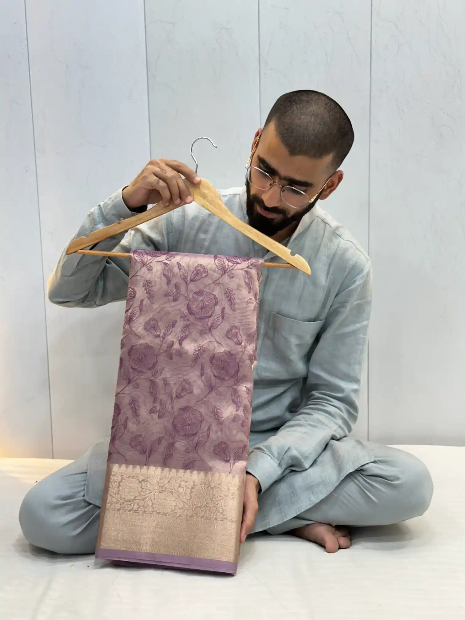 Light Lavender Tissue Silk Chikankari Embroiderd Work Banarasi Saree