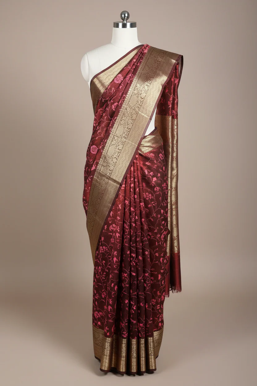 Light Maroon Soft Tissue Chikankari Embroided Banarasi Saree - Image 2